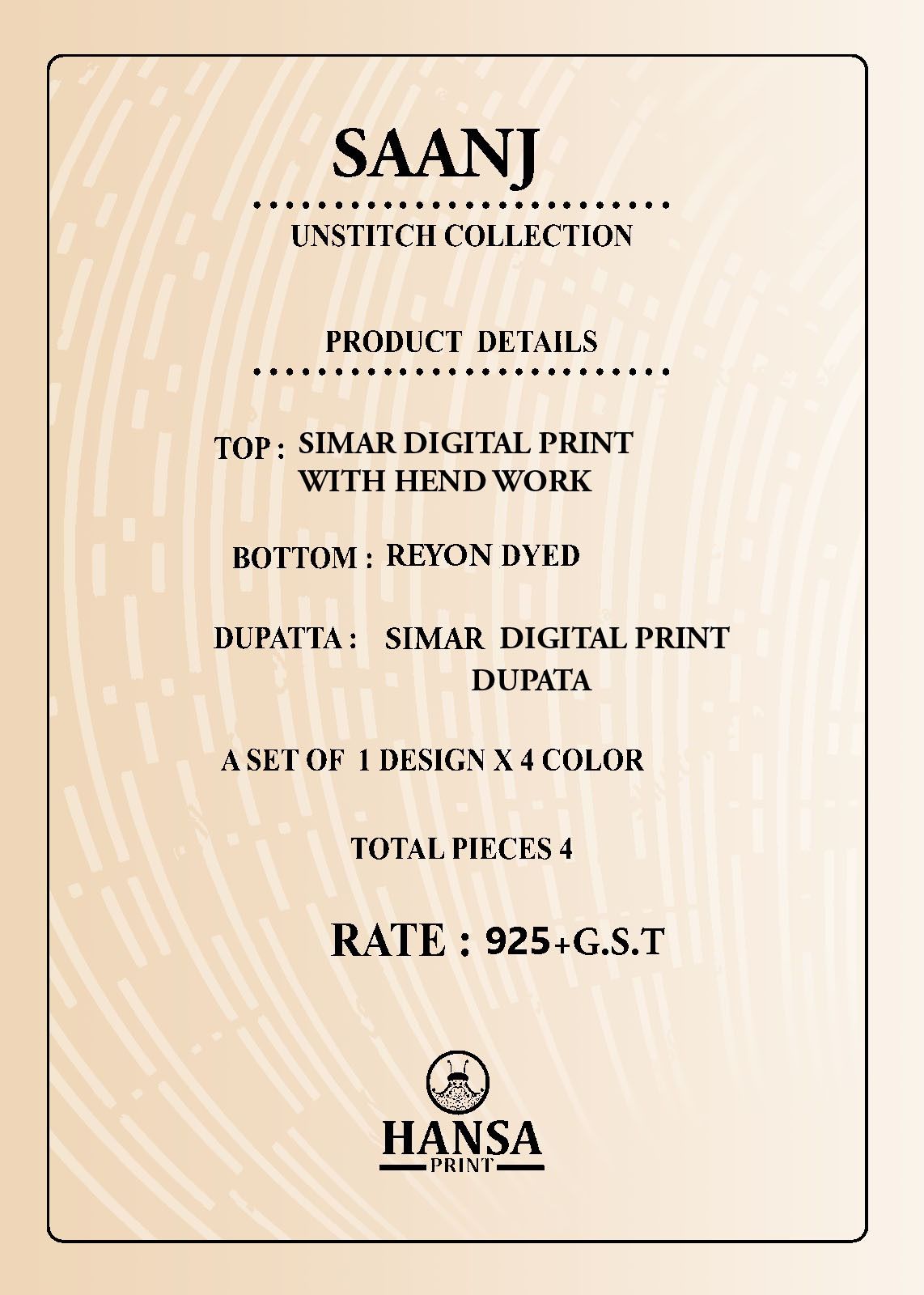 Saanj 53018 Hansa Prints Simar Salwar Suits Exporter India