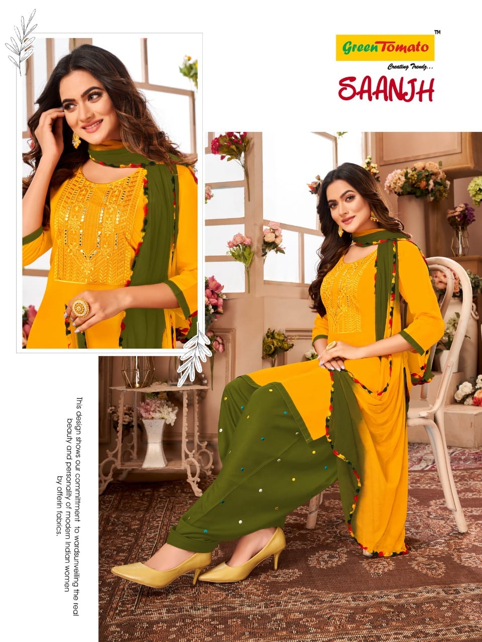 Saanjh Green Tomato Rayon Readymade Salwar Suits Wholesale Rate