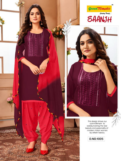 Saanjh Green Tomato Rayon Readymade Salwar Suits Wholesale Rate