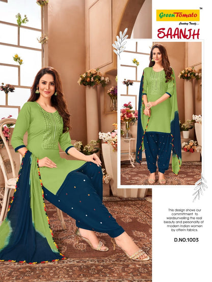 Saanjh Green Tomato Rayon Readymade Salwar Suits Wholesale Rate