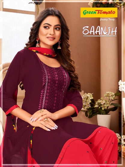 Saanjh Green Tomato Rayon Readymade Salwar Suits Wholesale Rate