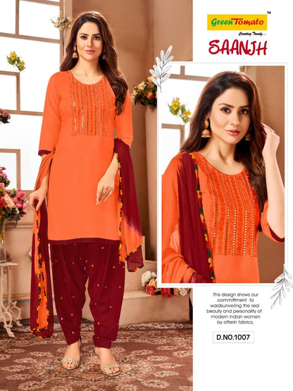 Saanjh Green Tomato Rayon Readymade Salwar Suits Wholesale Rate