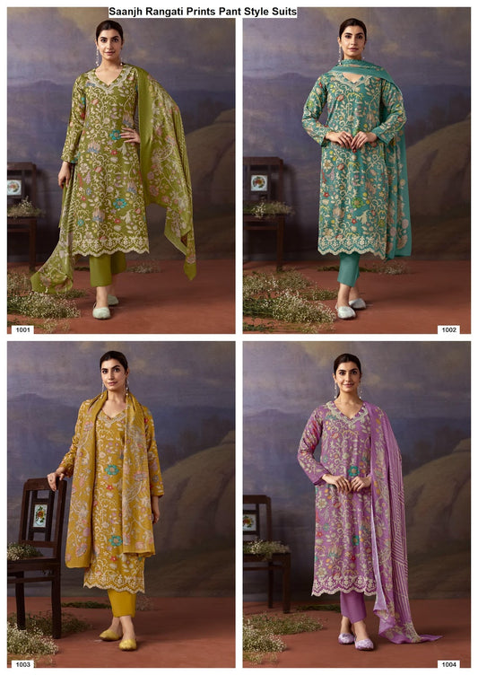 Saanjh Rangati Prints Viscose Muslin Pant Style Suits Exporter