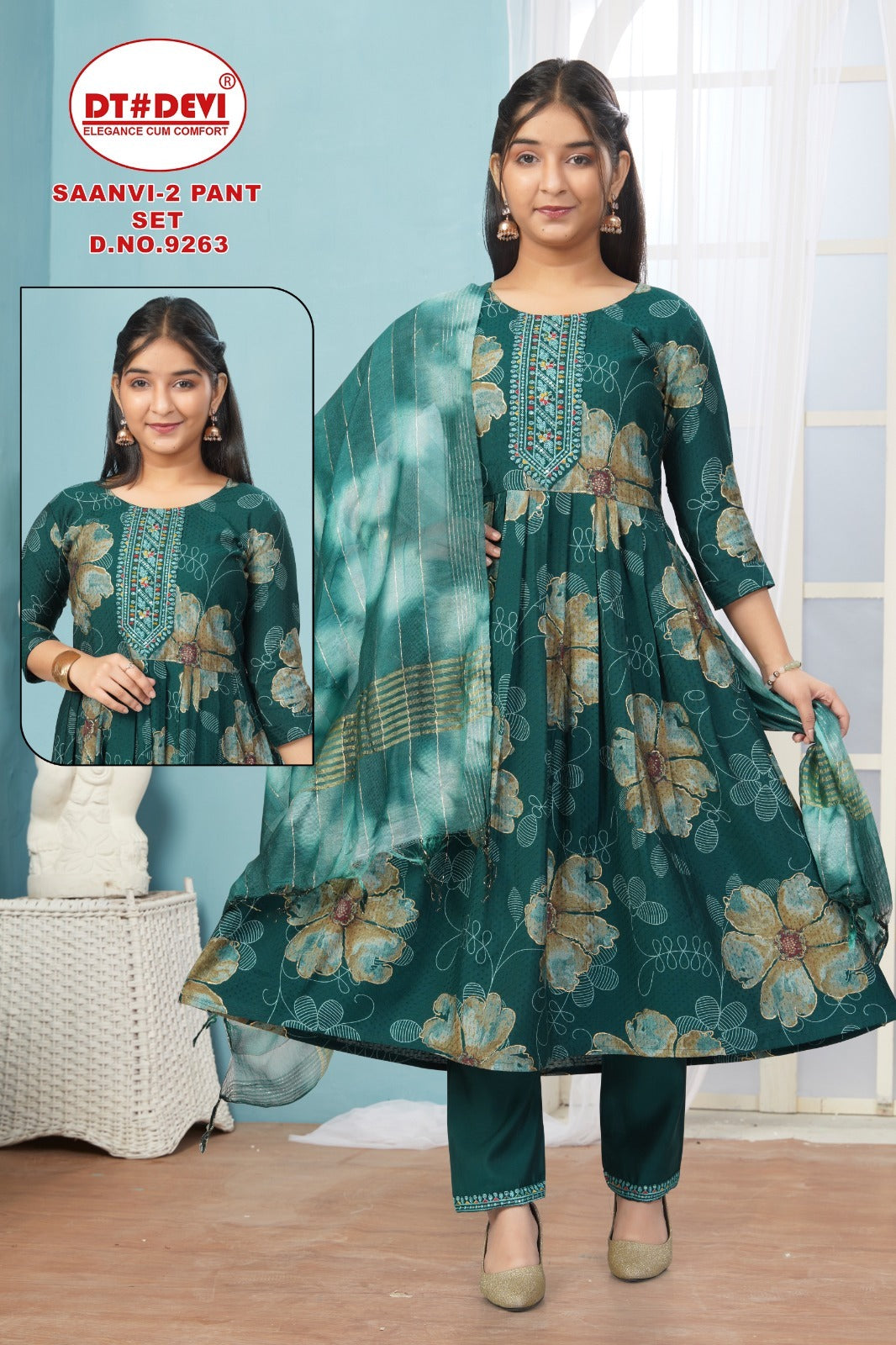 Saanvi 2 Dn 9263 Dt Devi Roman Girls Readymade Pant Suits Wholesaler Ahmedabad