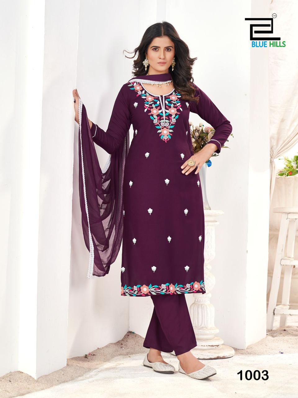 Saanvi Blue Hills Rayon 14Kg Readymade Pant Style Suits Manufacturer Gujarat
