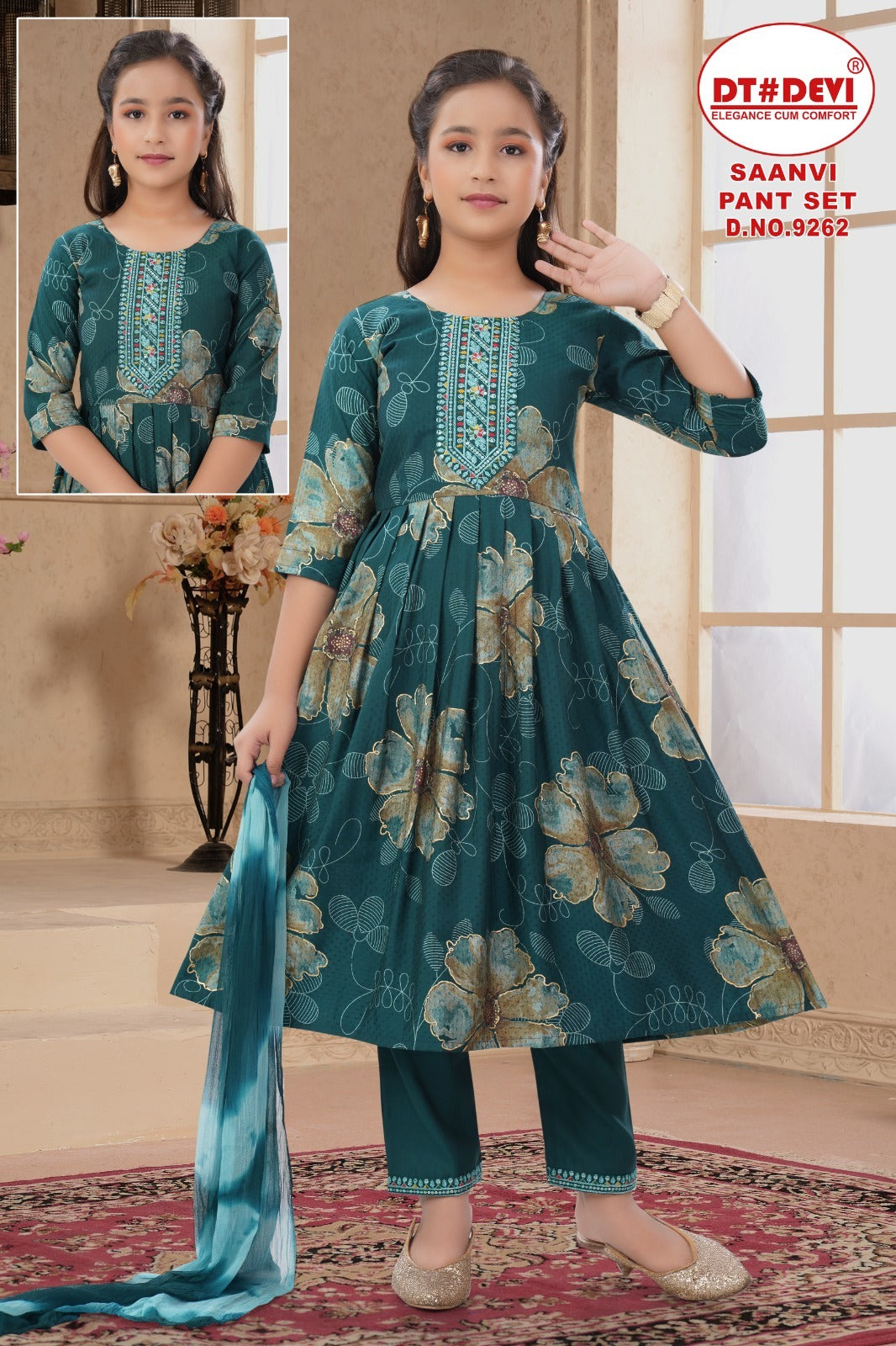 Saanvi Dn 9262 Dt Devi Roman Girls Readymade Pant Suits Wholesale Price