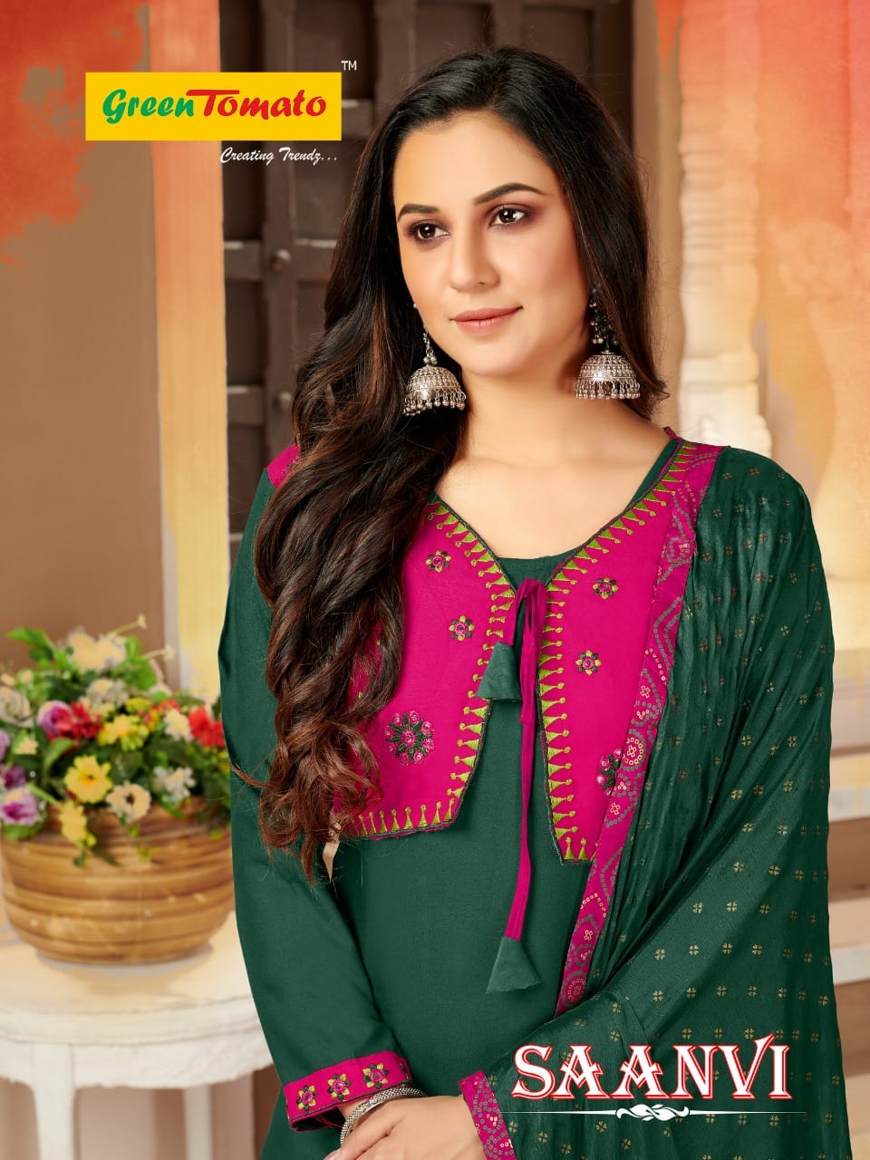 Saanvi With Jacket Green Tomato Rayon Readymade Salwar Suits Exporter India