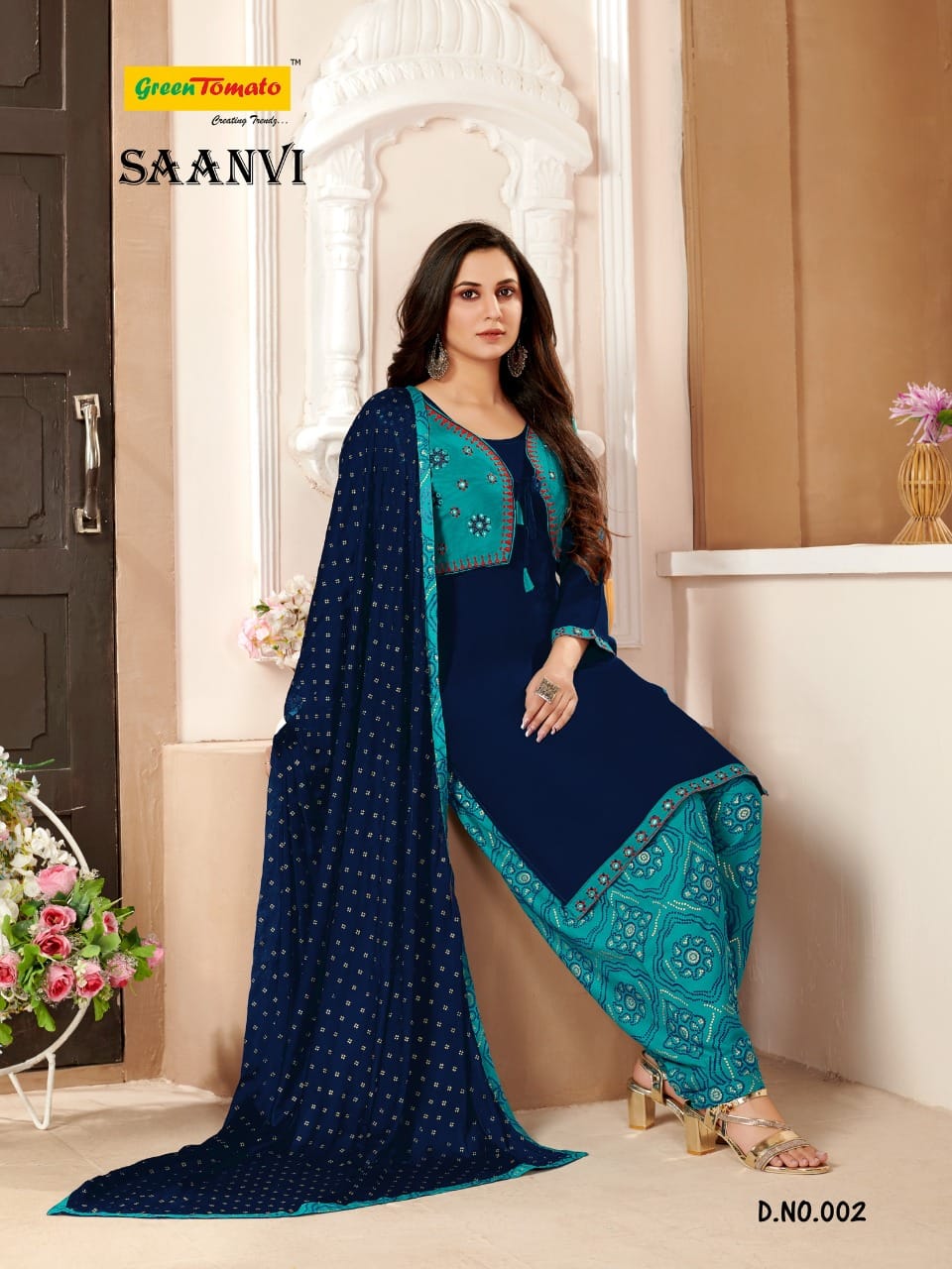 Saanvi With Jacket Green Tomato Rayon Readymade Salwar Suits Exporter India