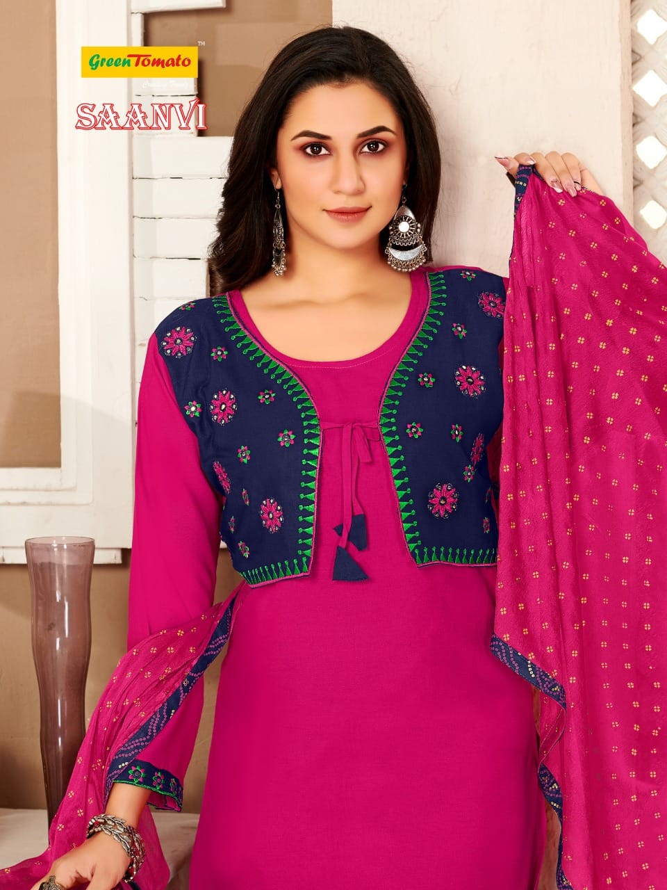 Saanvi With Jacket Green Tomato Rayon Readymade Salwar Suits Exporter India