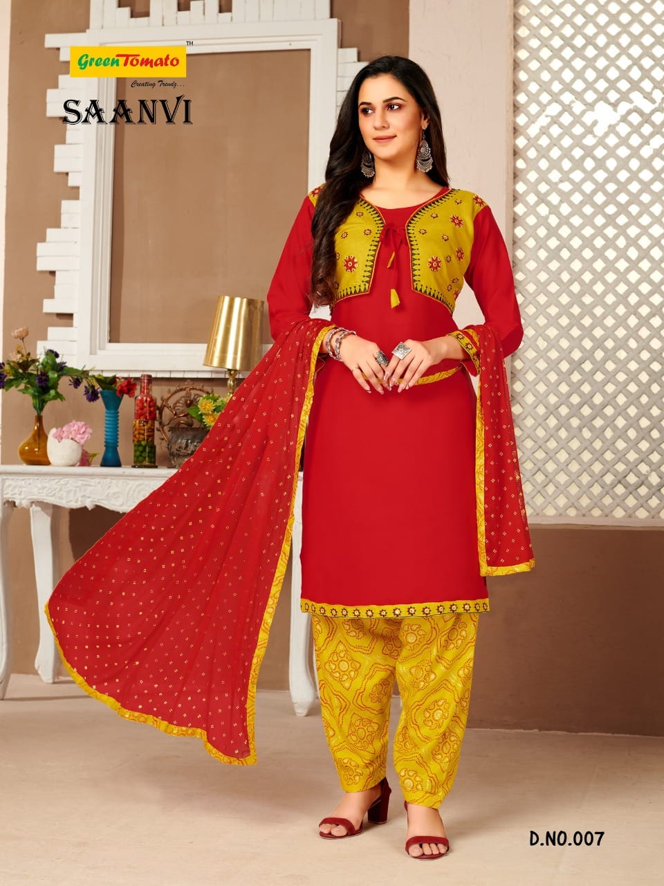 Saanvi With Jacket Green Tomato Rayon Readymade Salwar Suits Exporter India
