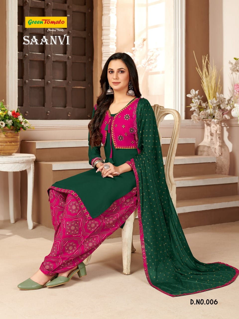 Saanvi With Jacket Green Tomato Rayon Readymade Salwar Suits Exporter India
