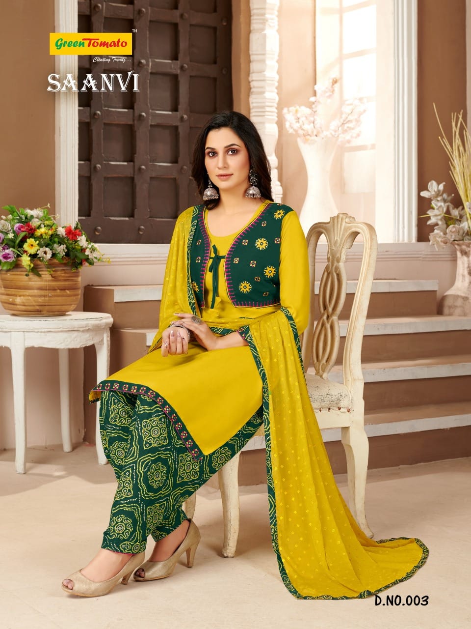 Saanvi With Jacket Green Tomato Rayon Readymade Salwar Suits Exporter India