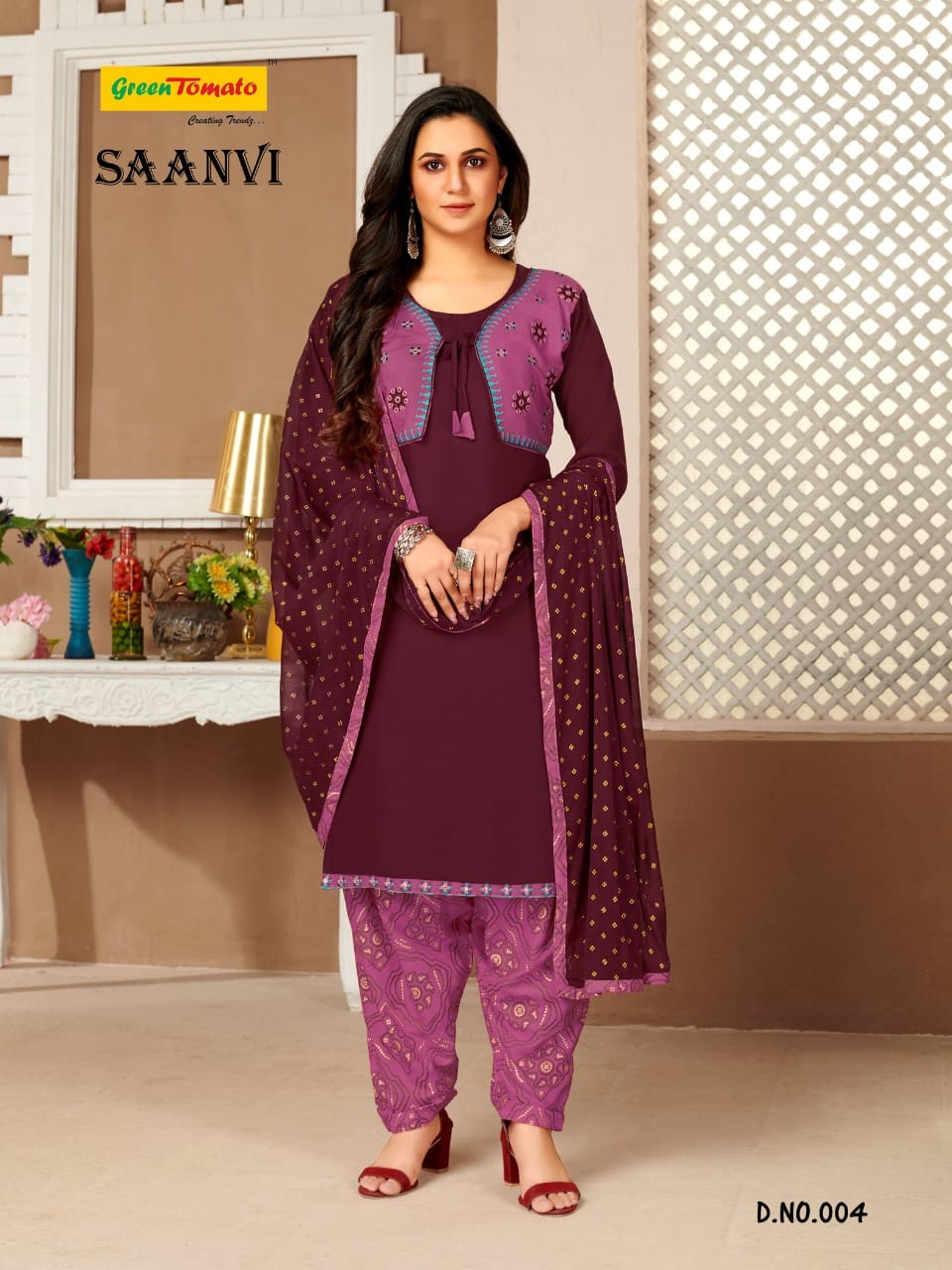 Saanvi With Jacket Green Tomato Rayon Readymade Salwar Suits Exporter India