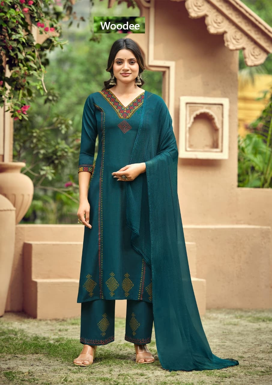 Saanvi Woodee Rayon Readymade Plazzo Style Suits Supplier