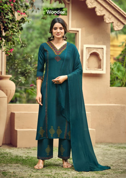 Saanvi Woodee Rayon Readymade Plazzo Style Suits Supplier