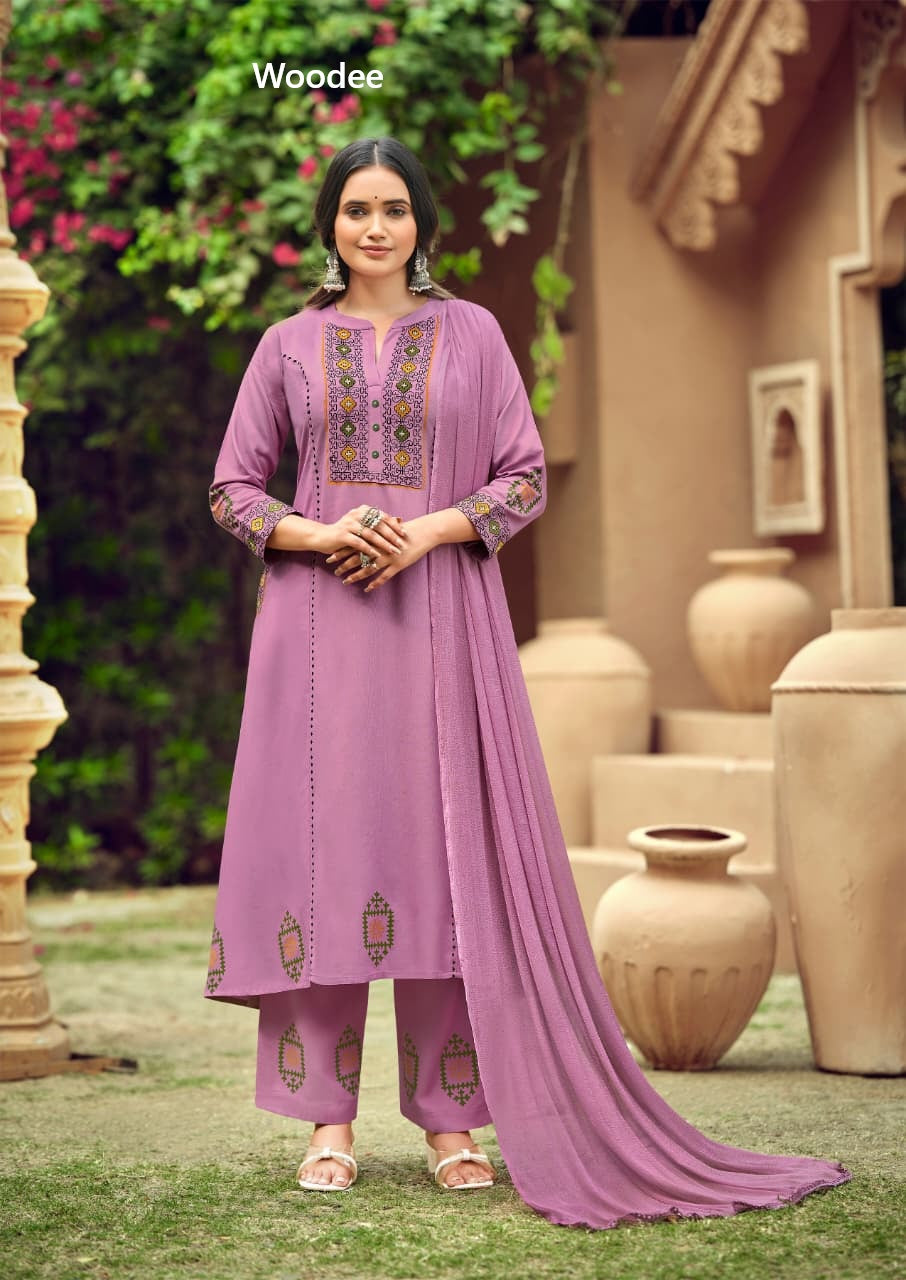 Saanvi Woodee Rayon Readymade Plazzo Style Suits Supplier