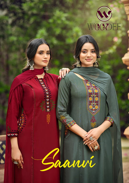 Saanvi Woodee Rayon Readymade Plazzo Style Suits Supplier