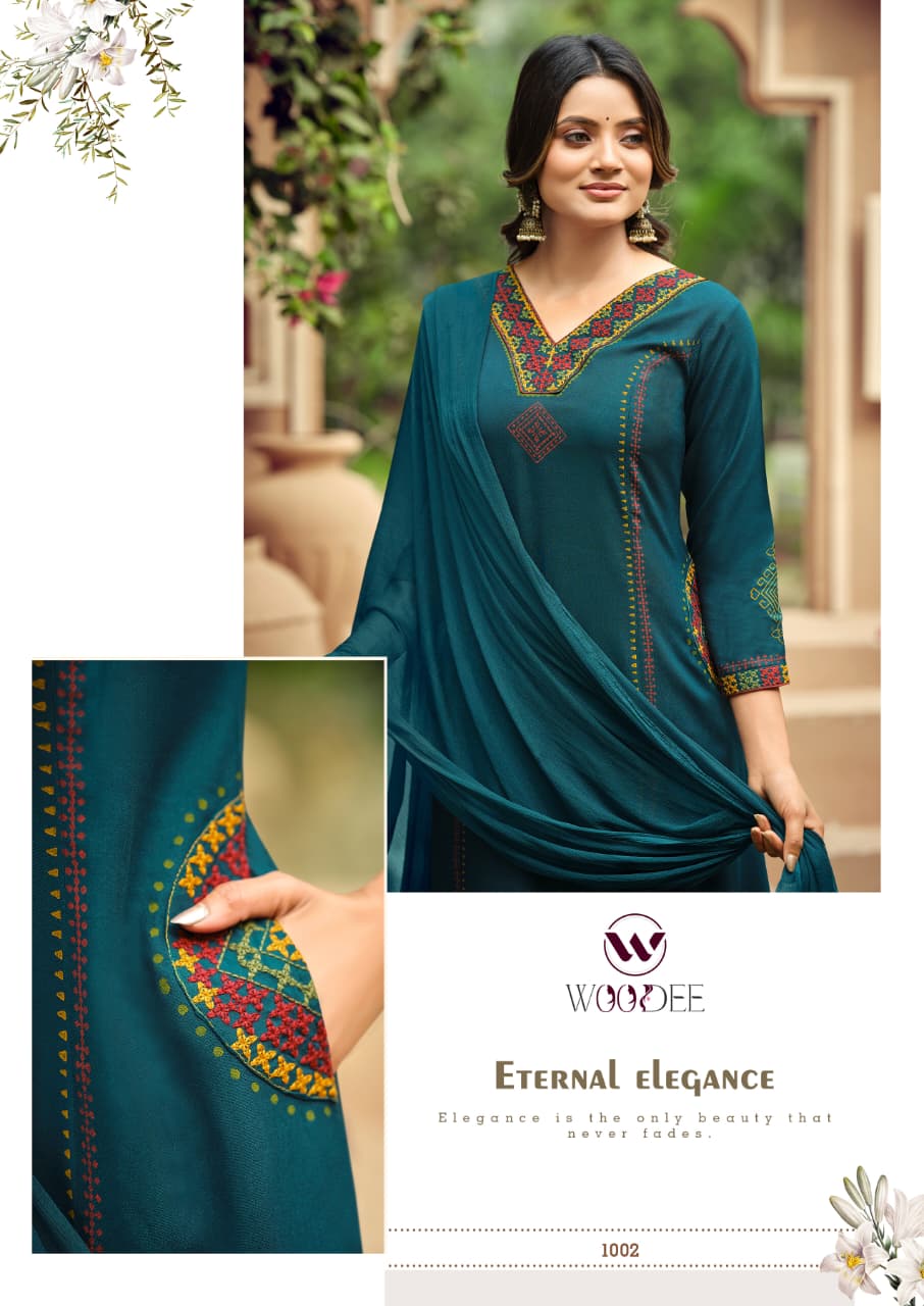 Saanvi Woodee Rayon Readymade Plazzo Style Suits Supplier