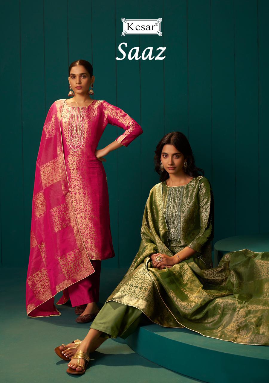 Saaz Kesar Silk Jacquard Pant Style Suits Wholesale Price
