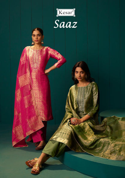 Saaz Kesar Silk Jacquard Pant Style Suits Wholesale Price