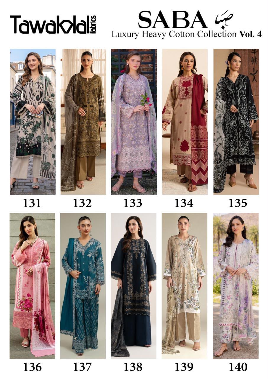 Saba Vol 4 Tawakkal Fabrics Mix Cotton Karachi Salwar Suits Wholesale