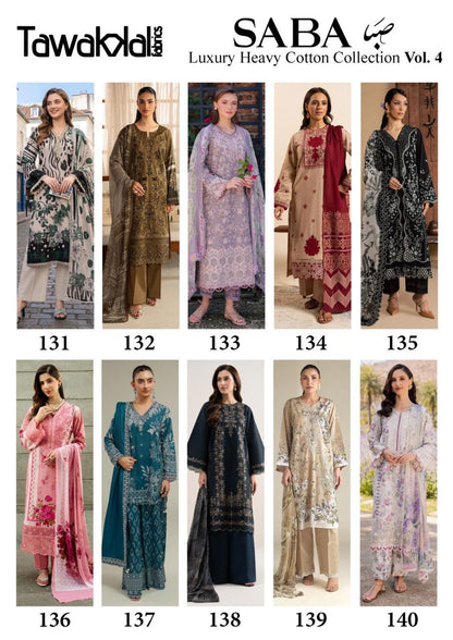 Saba Vol 4 Tawakkal Fabrics Mix Cotton Karachi Salwar Suits Wholesale