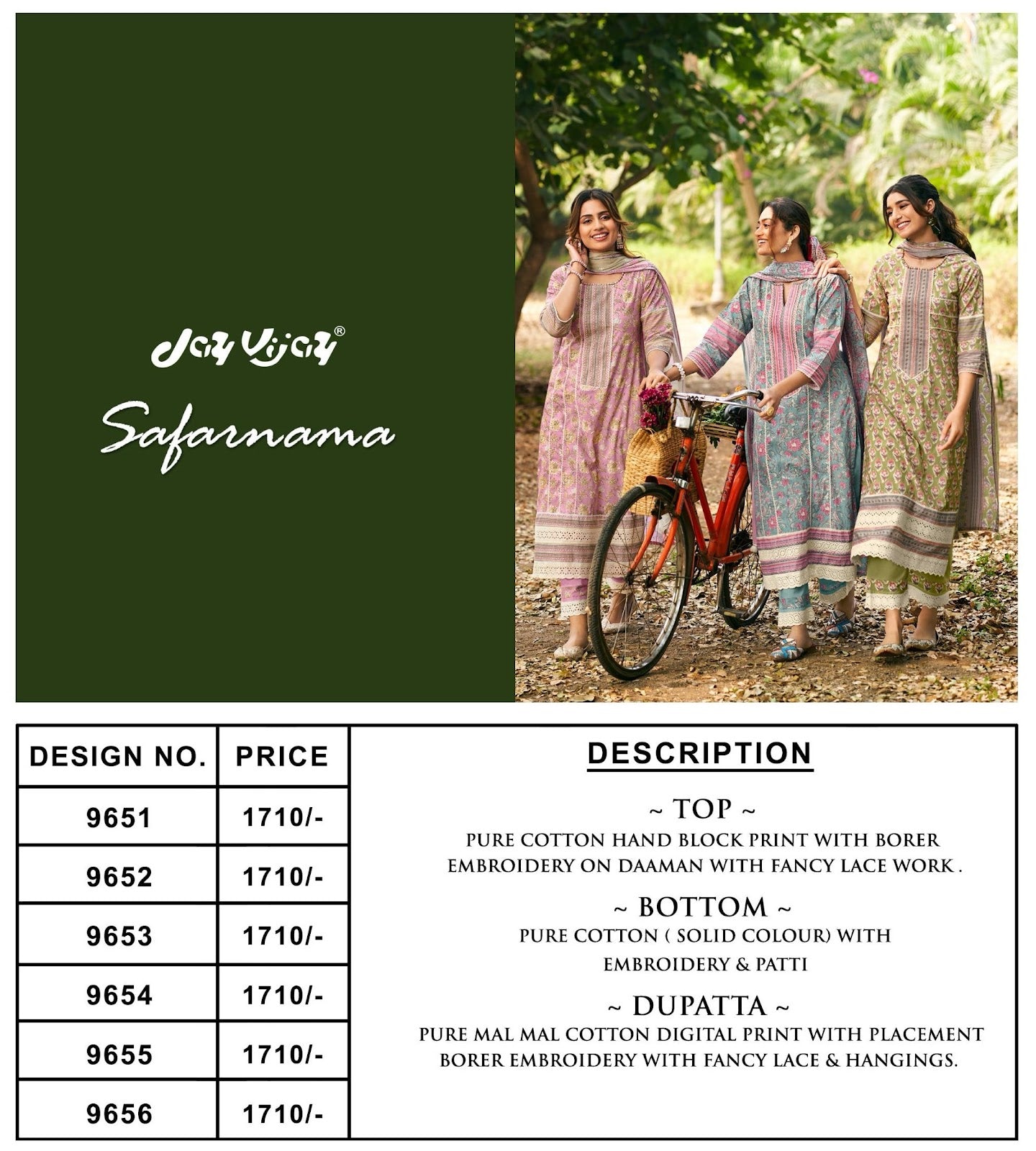Safarnama Jay Vijay Pure Cotton Pant Style Suits Supplier Ahmedabad