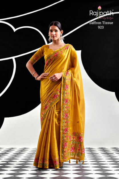 Saffron Rajpath Tissue Silk Sarees Manufacturer