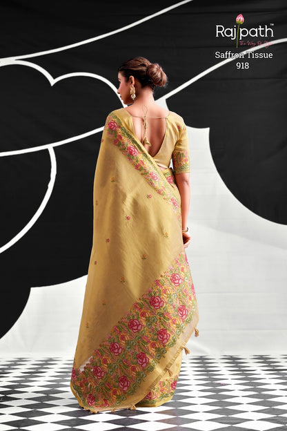 Saffron Rajpath Tissue Silk Sarees Manufacturer