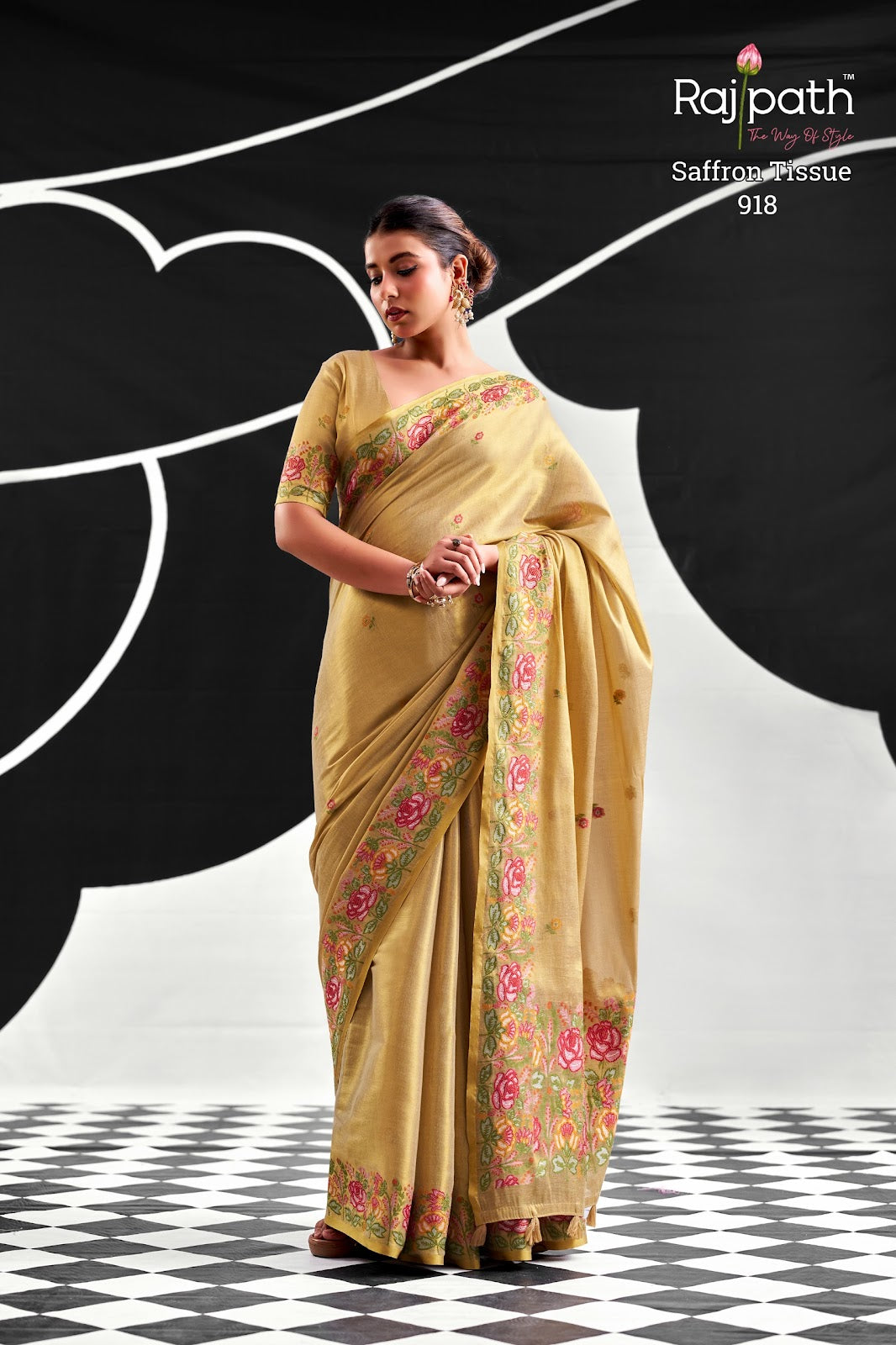 Saffron Rajpath Tissue Silk Sarees Manufacturer