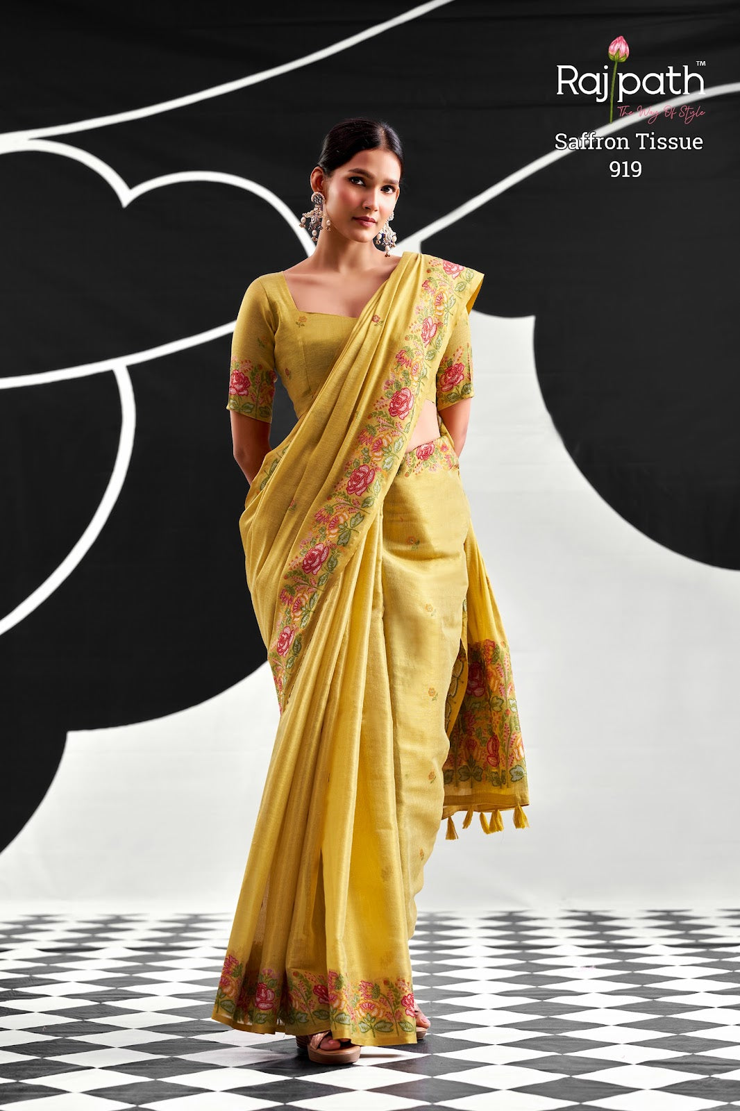 Saffron Rajpath Tissue Silk Sarees Manufacturer