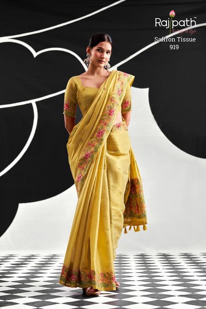 Saffron Rajpath Tissue Silk Sarees Manufacturer
