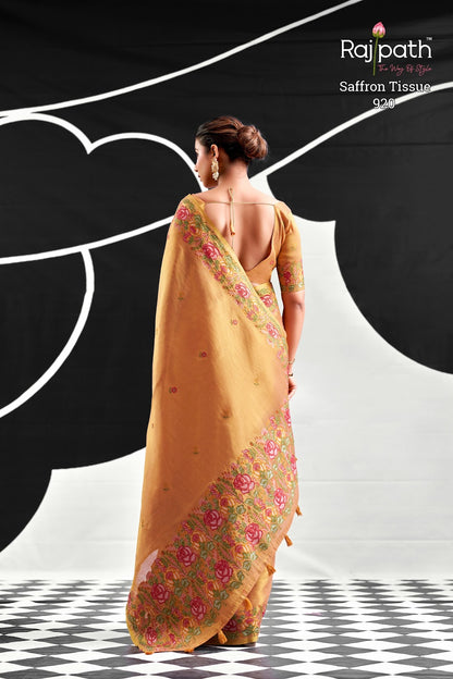 Saffron Rajpath Tissue Silk Sarees Manufacturer