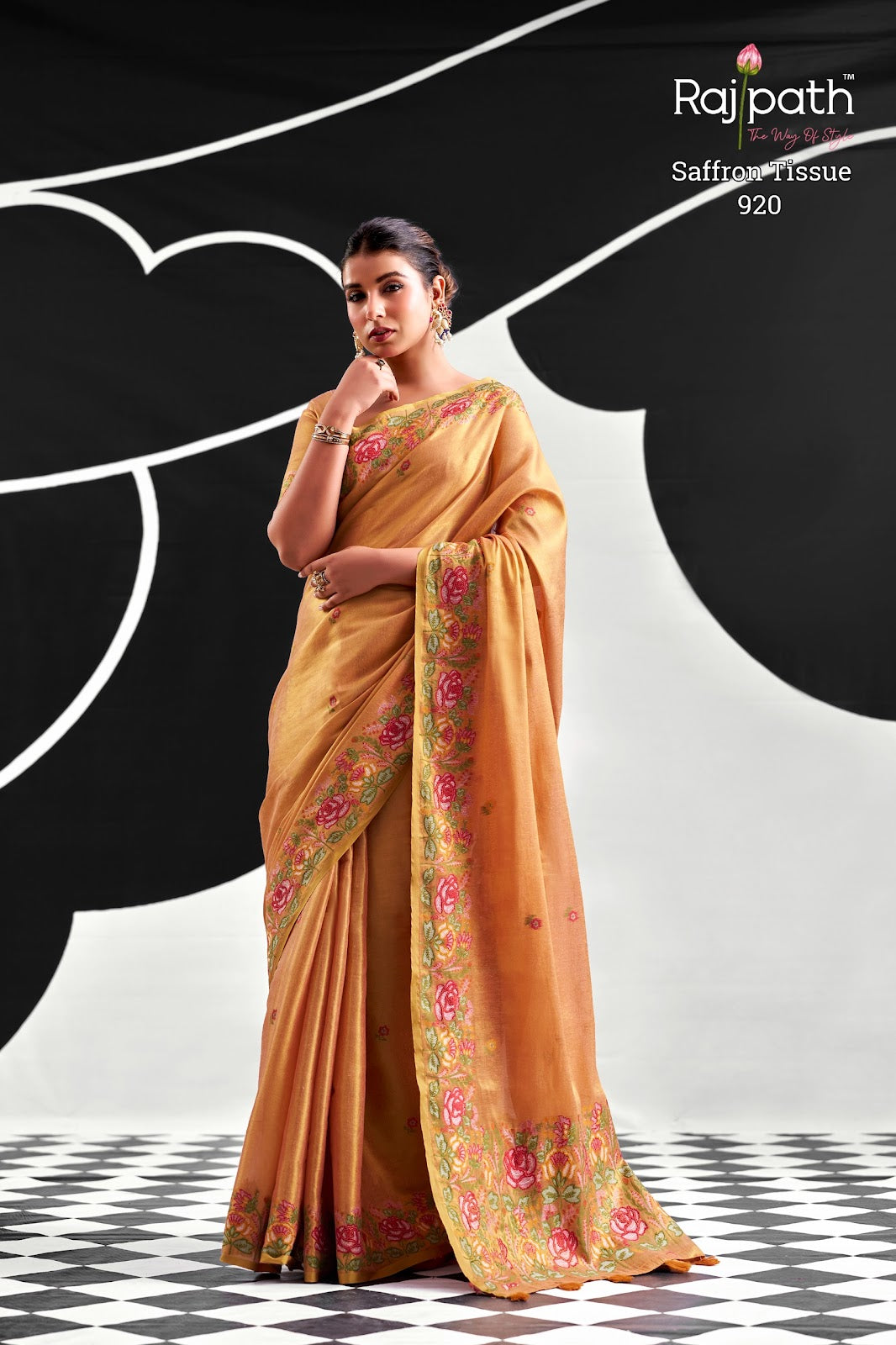 Saffron Rajpath Tissue Silk Sarees Manufacturer
