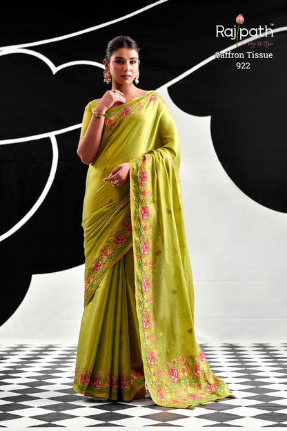 Saffron Rajpath Tissue Silk Sarees Manufacturer