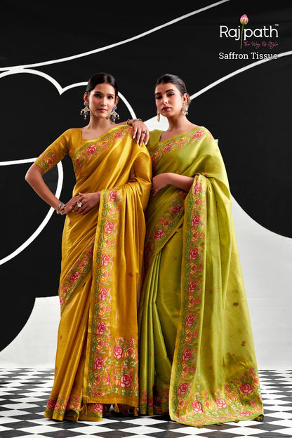 Saffron Rajpath Tissue Silk Sarees Manufacturer