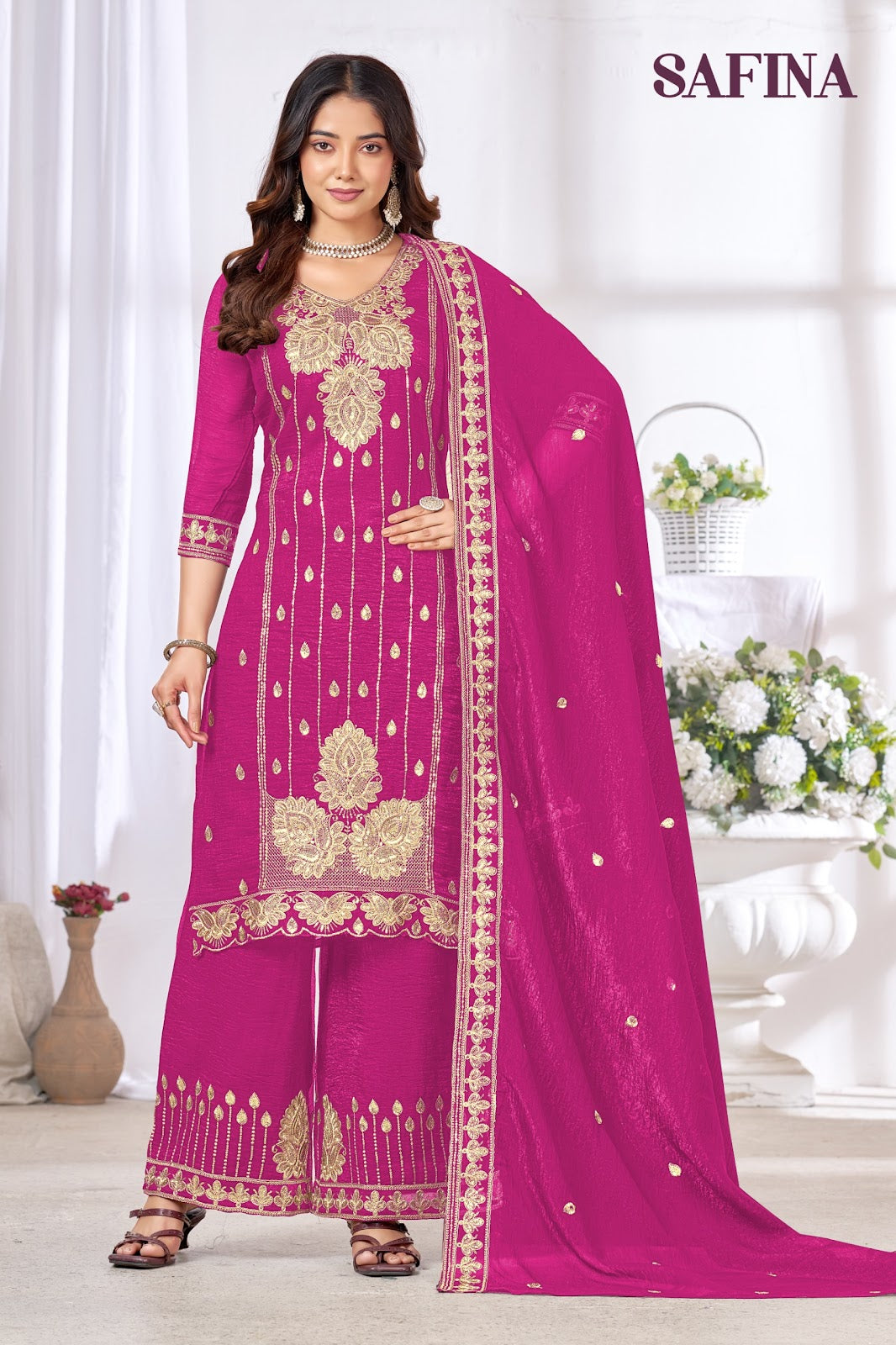 Safina Banwery Chinon Readymade Plazzo Style Suits Supplier Ahmedabad