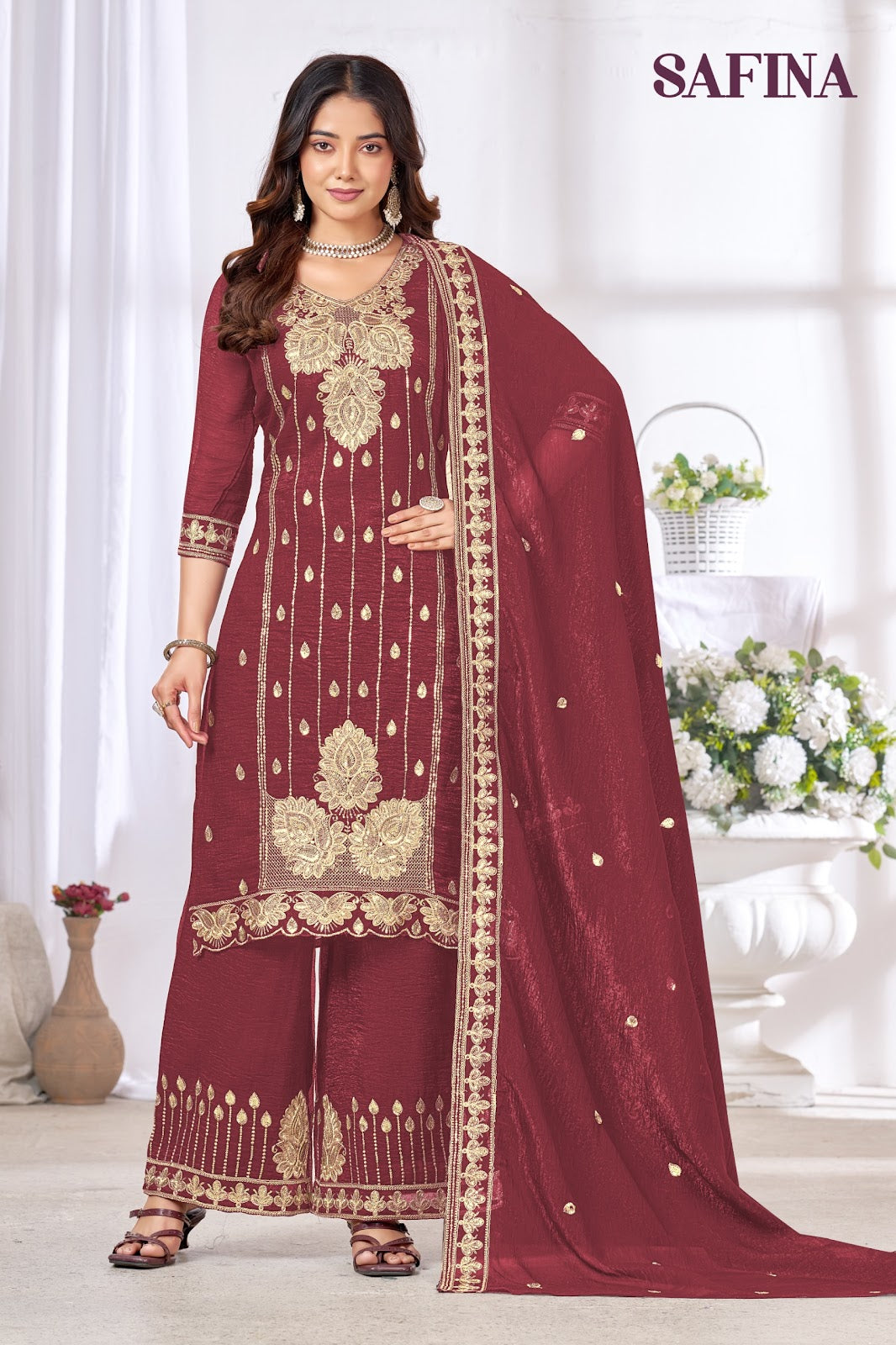 Safina Banwery Chinon Readymade Plazzo Style Suits Supplier Ahmedabad