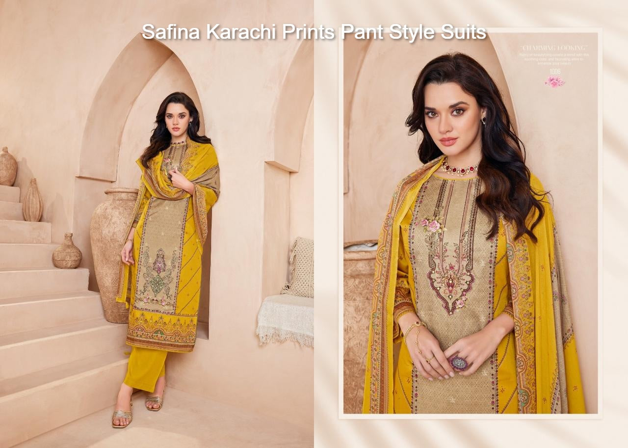 Safina Karachi Prints Jam Satin Pant Style Suits Supplier India