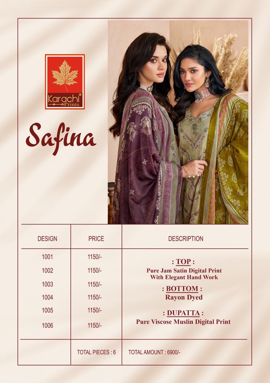 Safina Karachi Prints Jam Satin Pant Style Suits Supplier India
