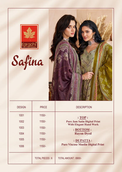 Safina Karachi Prints Jam Satin Pant Style Suits Supplier India