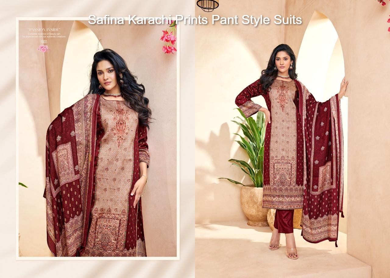 Safina Karachi Prints Jam Satin Pant Style Suits Supplier India