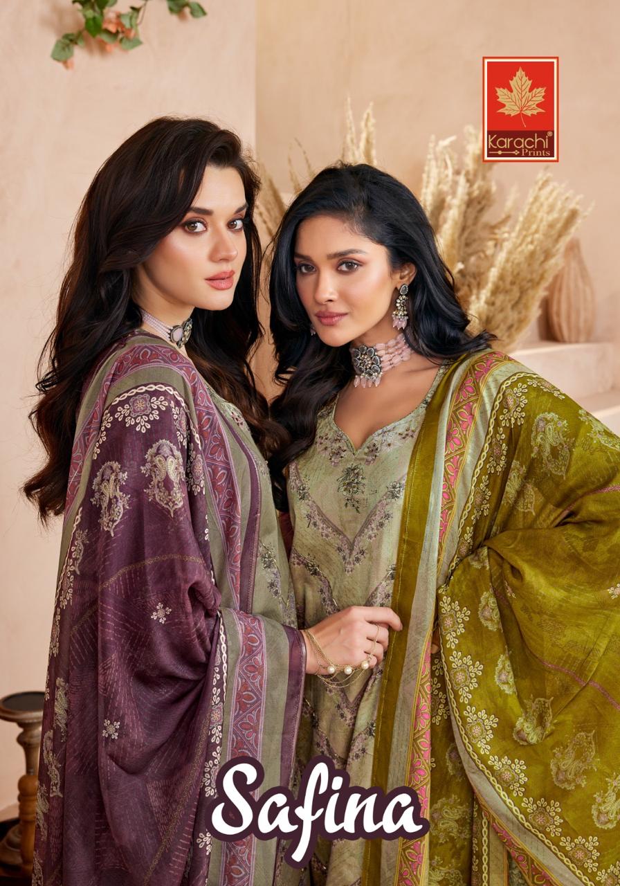Safina Karachi Prints Jam Satin Pant Style Suits Supplier India