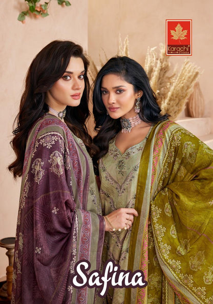 Safina Karachi Prints Jam Satin Pant Style Suits Supplier India