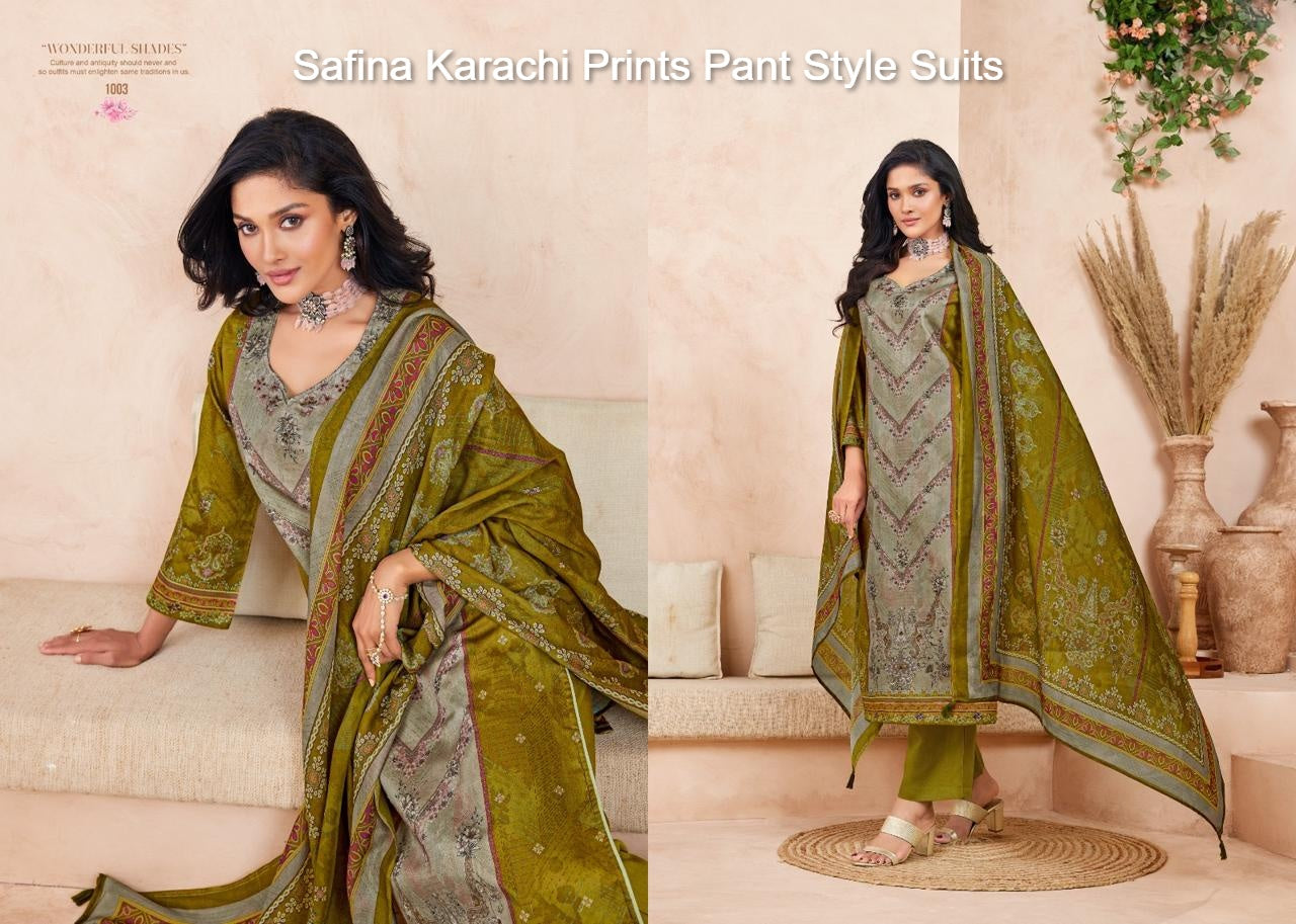 Safina Karachi Prints Jam Satin Pant Style Suits Supplier India