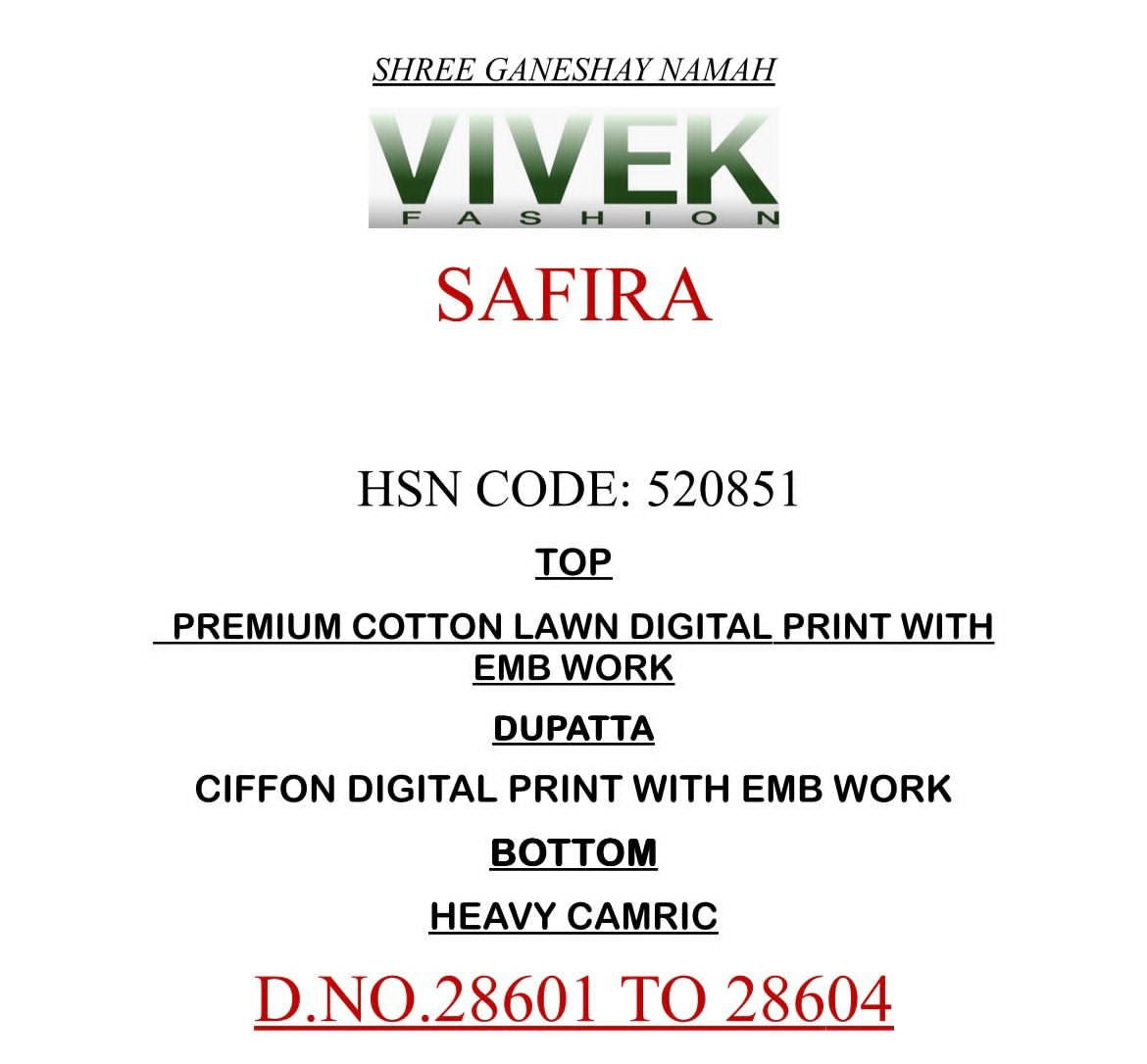 Safira Vivek Lawn Cotton Pant Style Suits Wholesale Rate