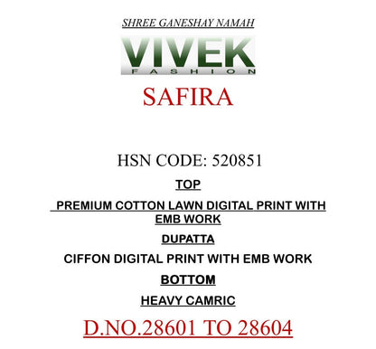 Safira Vivek Lawn Cotton Pant Style Suits Wholesale Rate