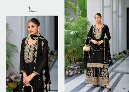 Safroon 4 Black-White Eba Lifestyle Chinon Readymade Plazzo Style Suits Supplier India