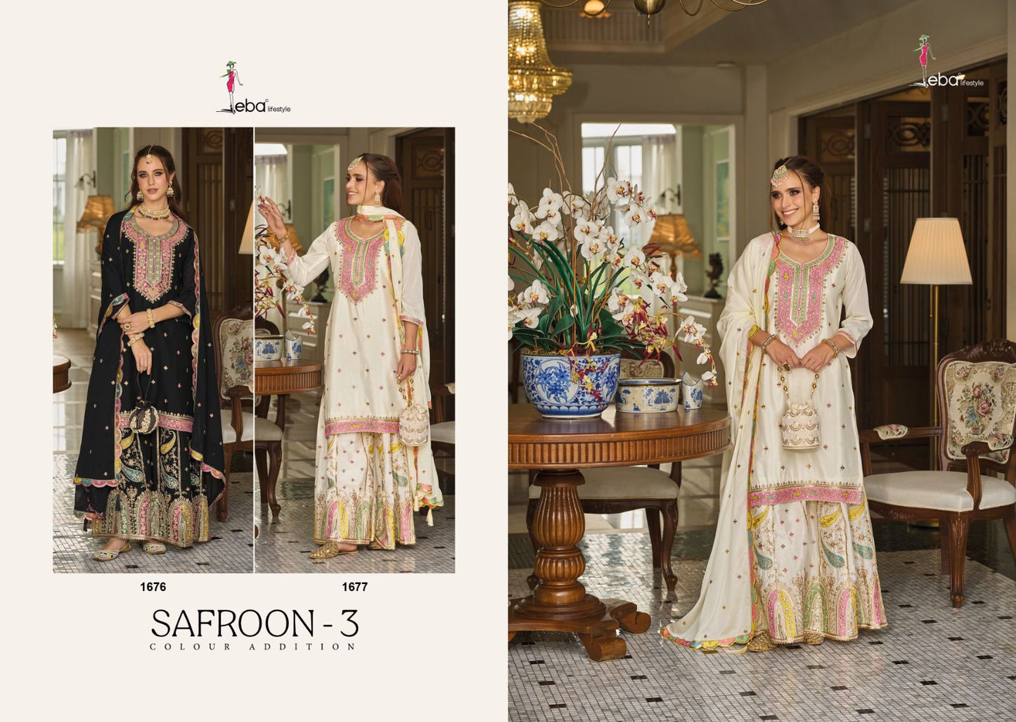 Safroon 3 Colour Addition Eba Lifestyle Chinon Pakistani Readymade Suits Exporter Ahmedabad