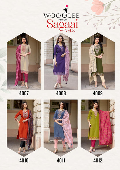 Sagaai Vol 3 Wooglee Viscose Weaving Readymade Pant Style Suits Wholesaler Ahmedabad